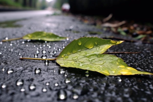 Gouttes de pluie sur les feuilles de pissenlit poussant à travers la chaussée