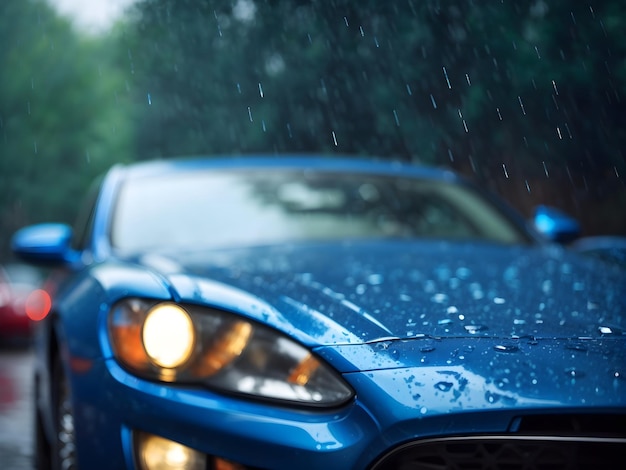 Gouttes de pluie à mise au point peu profonde d'élégance pluvieuse sur la carrosserie bleue