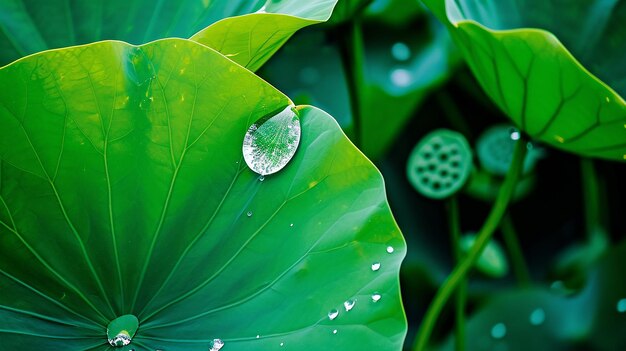 Des gouttes de pluie nichent sur les feuilles de lotus