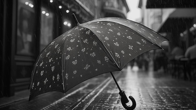 Photo gouttes de pluie sur un parapluie sous la pluie ia photogénérative noir et blanc