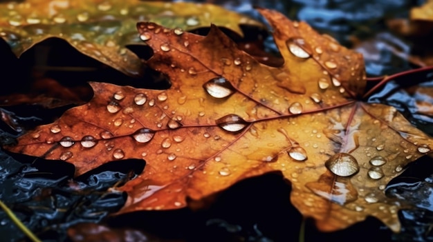 Des gouttes de pluie recouvertes de feuilles d'automne