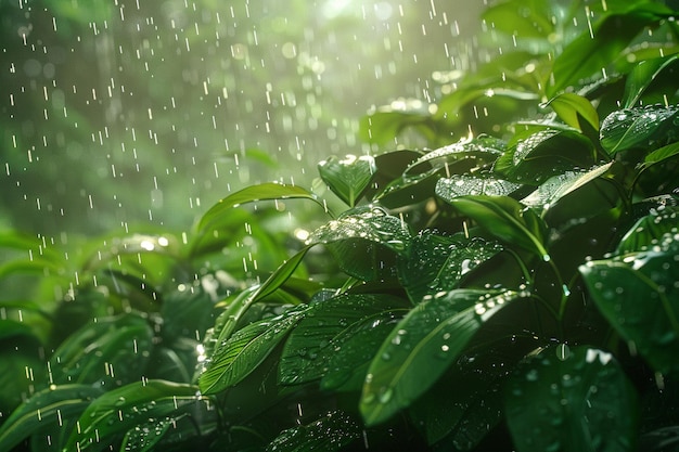 Des gouttes de pluie scintillantes sur des feuilles vertes après une tempête