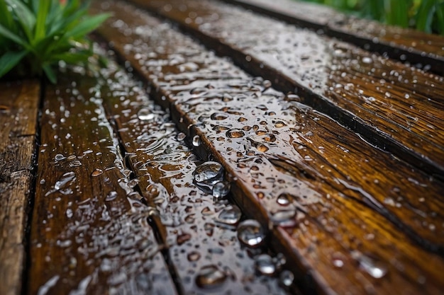 Photo des gouttes de pluie sur un sentier en bois dans un jardin