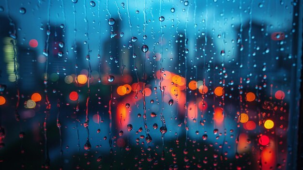 Des gouttes de pluie tombant sur une fenêtre avec des lumières de la ville en arrière-plan