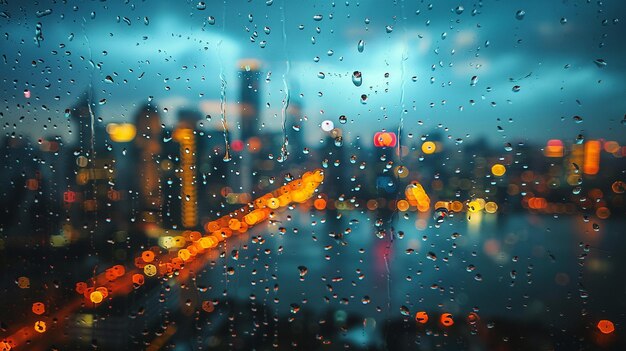 Photo des gouttes de pluie tombant sur une fenêtre avec des lumières de la ville