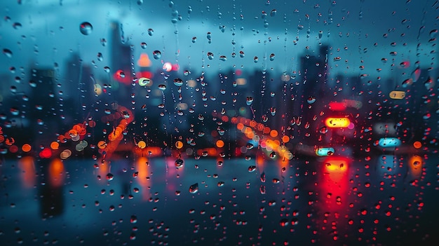 Photo des gouttes de pluie tombant sur une fenêtre avec des lumières de la ville