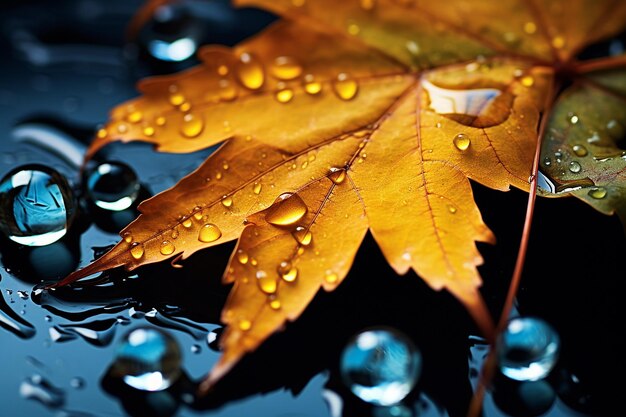 Des gouttes de pluie tombant sur les feuilles d'automne colorées