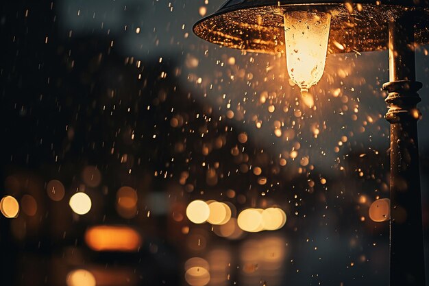 Des gouttes de pluie tombant sur un lampadaire ou un poteau de lumière