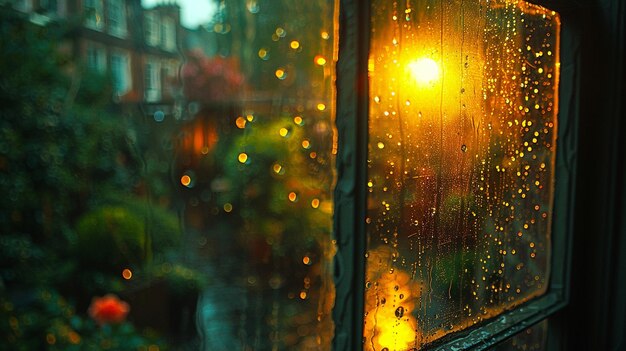 Photo des gouttes de pluie tombent sur le papier peint de la fenêtre