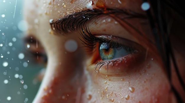 Les gouttes de pluie tombent parfaitement en ligne avec les cils de la femme les faisant paraître plus longs et ajoutant