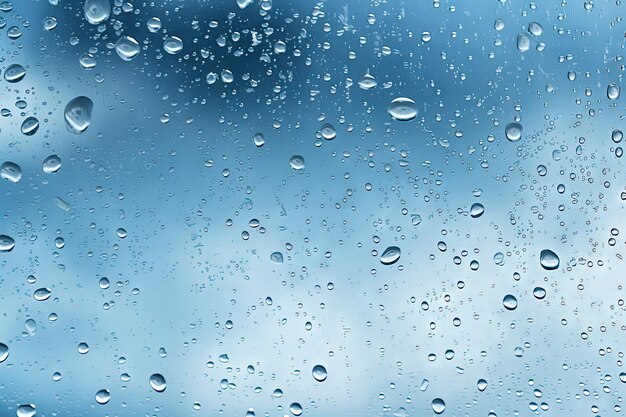 Gouttes de pluie sur un verre avec un beau ciel en bleu et blanc