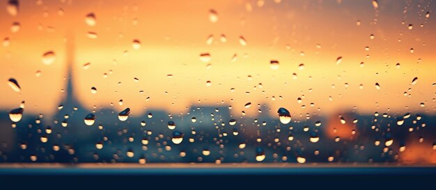 Photo des gouttes de pluie sur le verre de la fenêtre avec le paysage urbain en arrière-plan au coucher du soleil