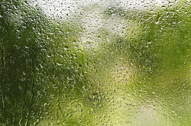 Gouttes de pluie sur le verre sur fond vert