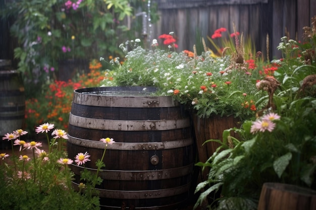 Gouttes de pluie sur un vieux tonneau dans un jardin rustique créé avec une IA générative