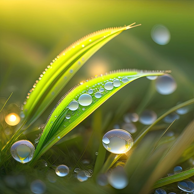 Gouttes de rosée sur les brins d'herbe Humidité matinale sur la pelouse Pluie d'été