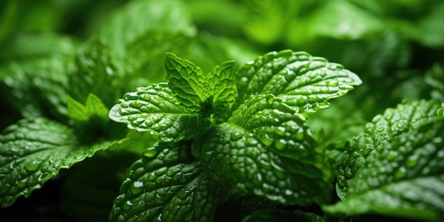 Gouttes de rosée closeup menthe fraîche sur les feuilles thème végétarien générative ai