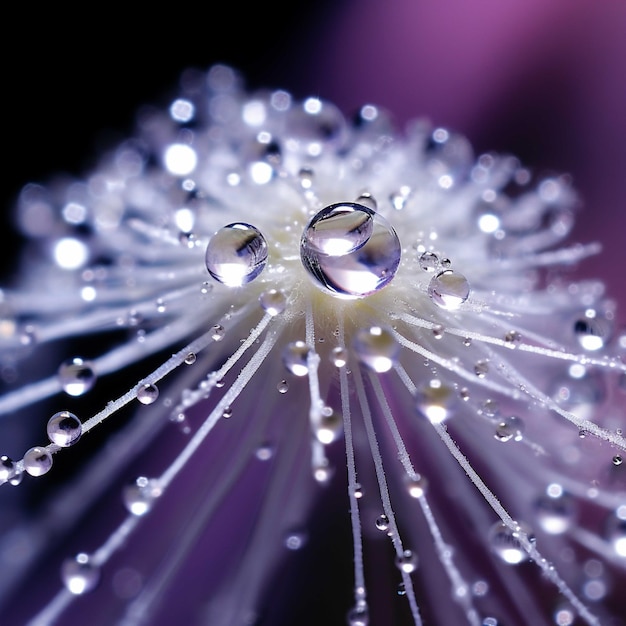 Des gouttes de rosée sur une fleur de pissenlit Macro