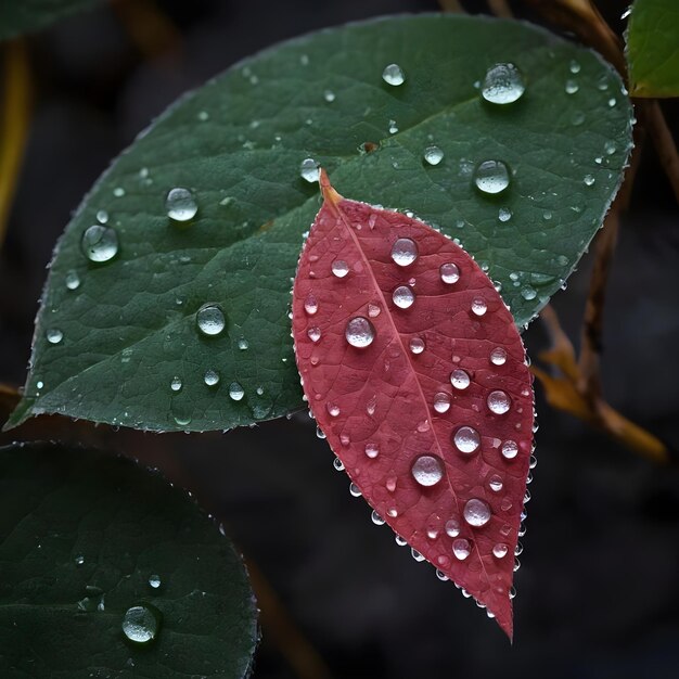 Des gouttes de rosée fraîches scintillent sur les feuilles vertes vives à la lumière du matin.