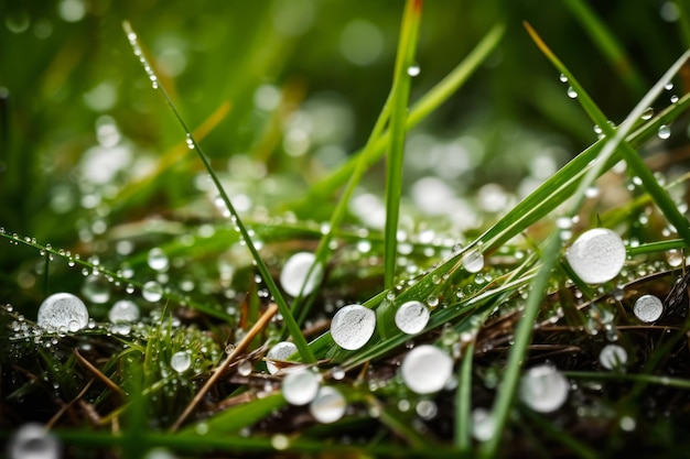 Gouttes de rosée sur l'herbe verte ai générative