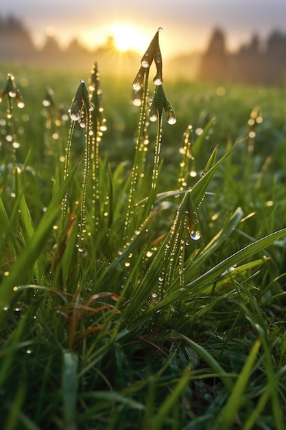 Gouttes de rosée sur l'herbe verte fraîche au lever du soleil créée avec une IA générative