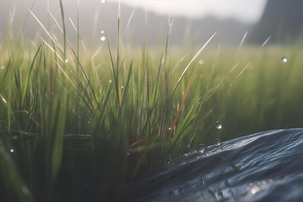 Des gouttes de rosée sur un réseau neuronal d'herbe verte ont été générées.