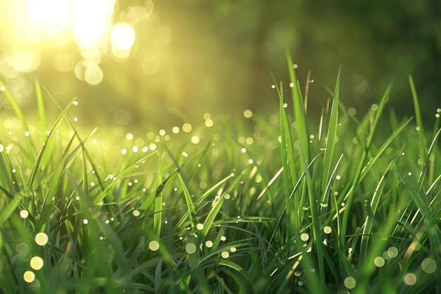 Des gouttes de rosée scintillantes sur l'herbe fraîche du matin