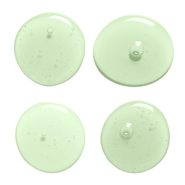 Gouttes vertes de gel agrandi Produit cosmétique pour hydrater la peau du visage ou du corps Isolé sur fond blanc