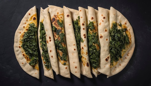 Gozleme pain plat turc avec des légumes verts et du fromage Fond noir