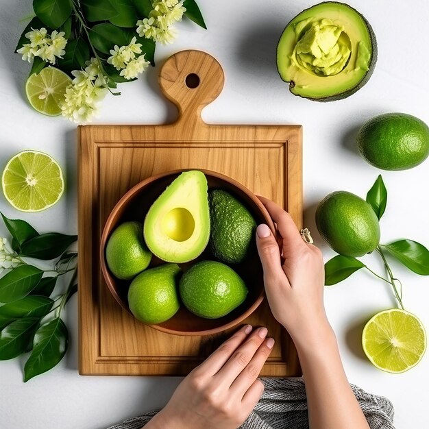 Grace gastronomique Vue de haut des mains féminines coupant l'avocat mûr Art culinaire