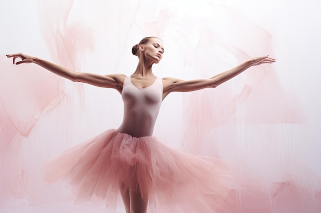 une gracieuse ballerine française dans un justaucorps minimaliste dans une palette de roses pastel doux soulignant sa forme souple, des teintes blush et roses avec un mélange de mouvements ballet fluides