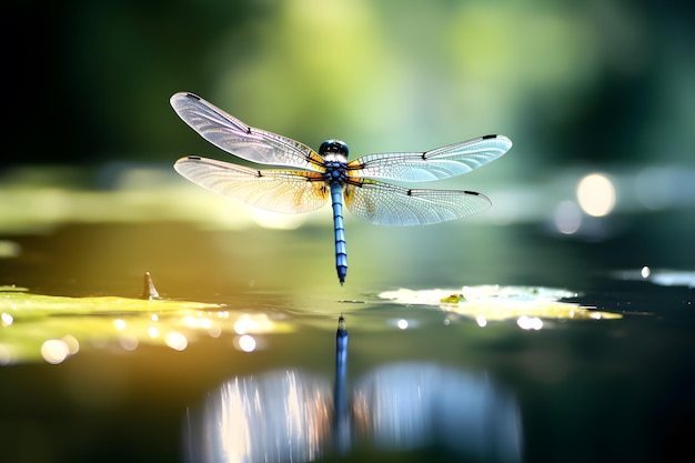 une gracieuse libellule planant au-dessus d'un étang tranquille avec ses ailes irisées et son corps élancé