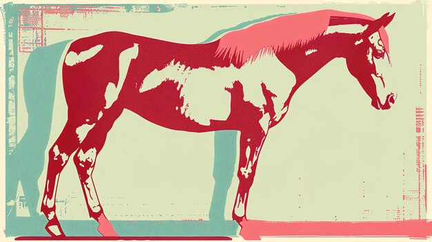 Photo gracieux cheval brun rougeâtre avec une longue crinière rose se tient de côté sur un fond vert pâle l'image est une illustration vectorielle dans un style minimaliste