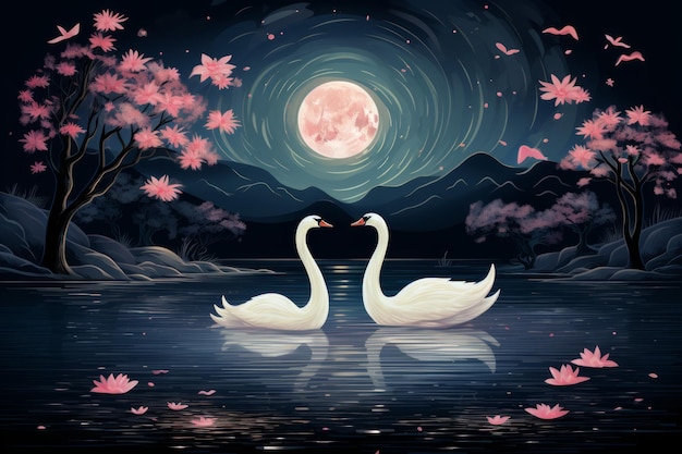 De gracieux cygnes au clair de lune glissent sur des lacs scintillants avec élégance et assurance. IA générative