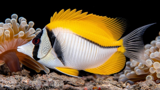 Photo le gracieux poisson à face de renard nage parmi les coraux colorés dans un aquarium d'eau salée captivant.