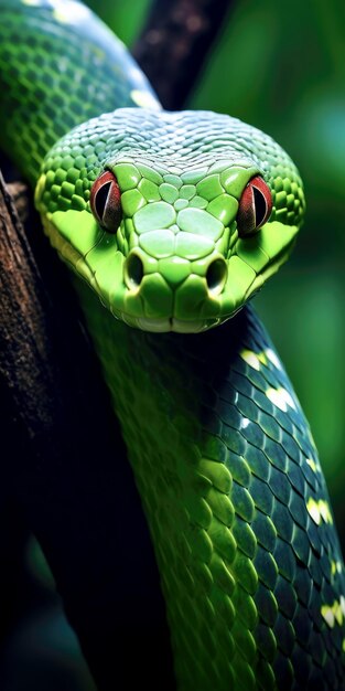 Gracieux serpent vert sur une branche d'arbre photo de haute qualité