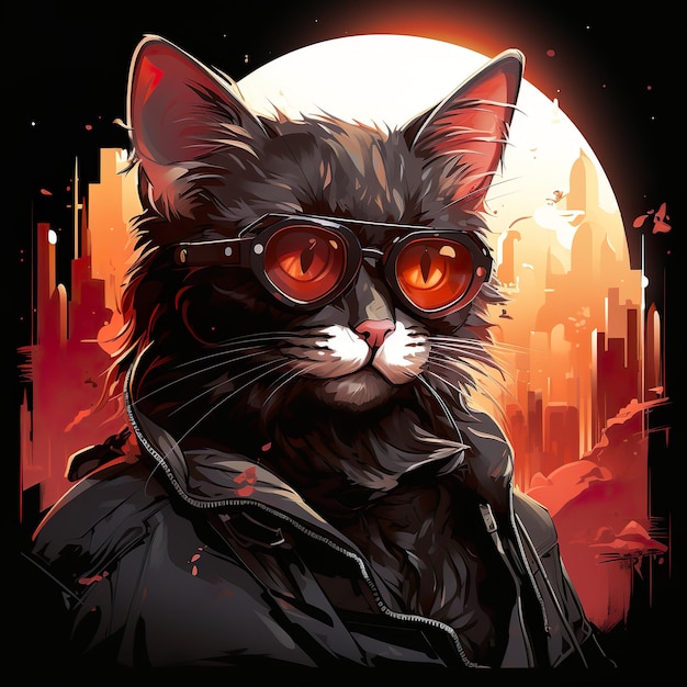 Graffiti Cat Coolness Edgy Feline Vector in Neon Cityscape Veste en cuir Lunettes de soleil Urbain