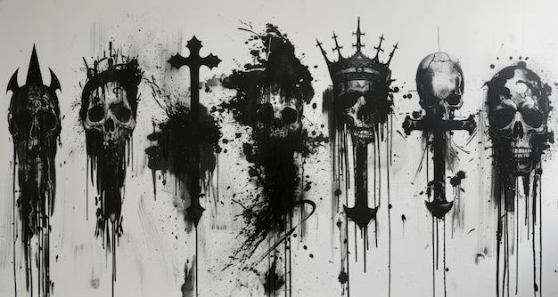 Graffiti motif de pulvérisation Cœur couronne tonnerre diable crâne flèche éléments sur fond blanc pour les bannières décorations art de rue et publicités