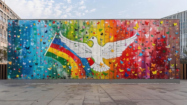 Graffiti Mur urbain Symboles de la paix Drapeau de l'arc-en-ciel le signe de la paix et une colombe blanche Généré par l'IA