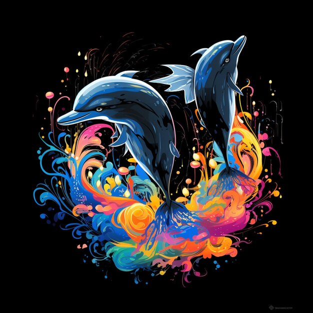 Graffiti de plumes abstraites en 2D couples de dauphins entourés par une mascotte d'eau colorée pour t-shirt