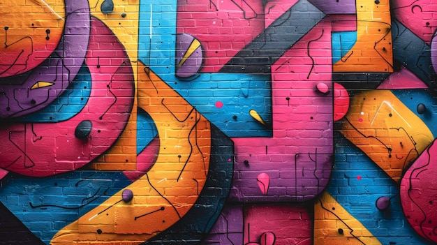 Des graffitis abstraits sur un mur de briques dans les couleurs rose, bleu et jaune