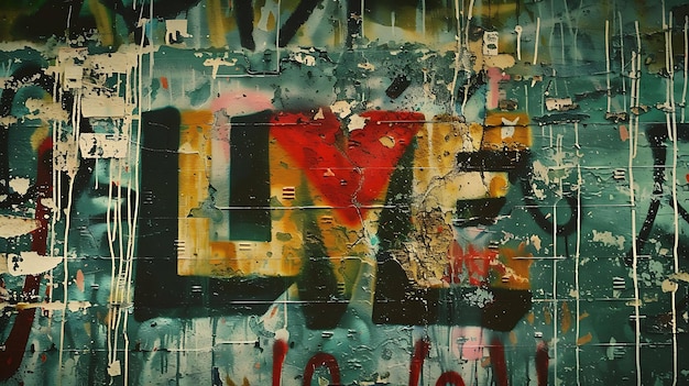 Des graffitis d'amour peints sur un mur vert altéré les lettres sont rouges jaunes et bleu clair et le mur est couvert de fissures et de peinture pelée