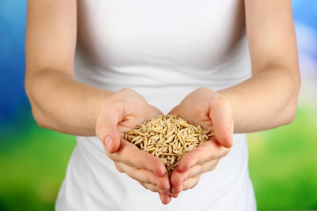 Grain de blé dans les mains des femmes sur fond naturel