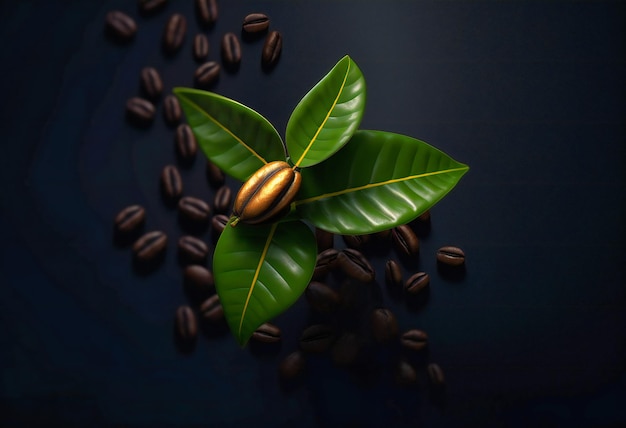Un grain de café avec des feuilles vertes sur un fond sombre inhabituel