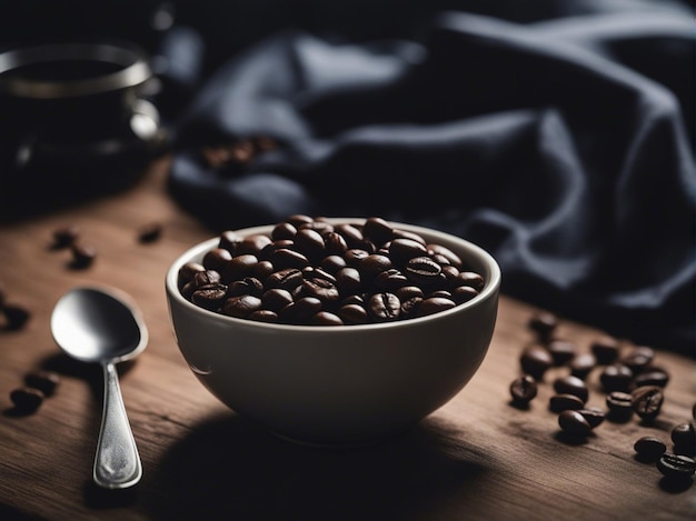 Un grain de café réaliste dans une tasse sur fond sombre de table