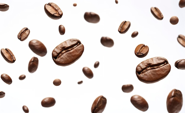 Grain de café volant sur fond blanc illustration 3d IA générative