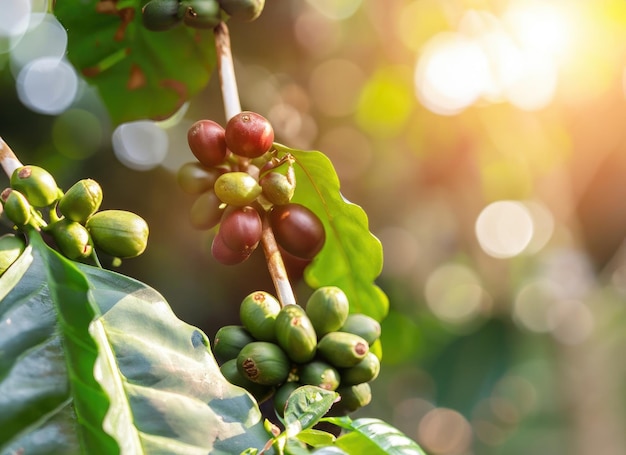 La graine de café pousse sur un arbre dans le jardin de la récolte sur la lueur du soleil éternel AI généré