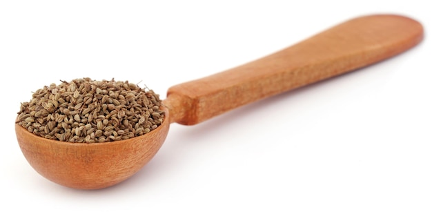 Graines d'Ajwain dans une cuillère en bois sur fond blanc