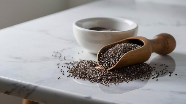 Photo des graines de chia dans une cuillère et un bol en bois sur une table en marbre salvia hispanica copyspace vue supérieure