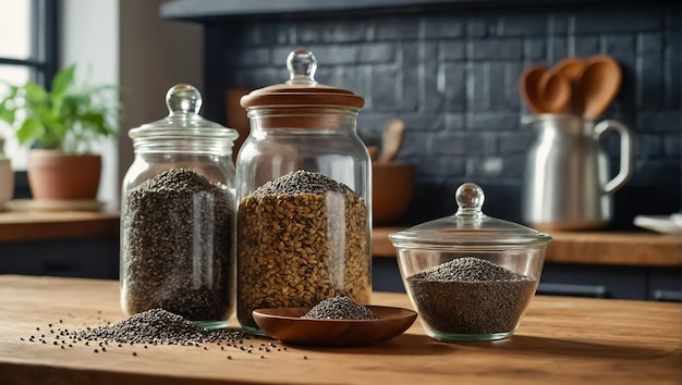 graines de chia dans un pot en verre dans la cuisine