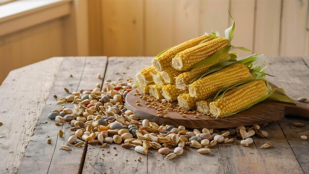 Des graines et du maïs sucré sur une table en bois